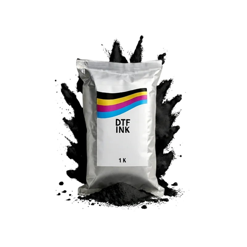 بودره DTF سوداء بوزن 1 كيلو جرام، تستخدم لتثبيت الحبر على الفنايل السوداء والملابس الداكنة أثناء الطباعة الحرارية، مثالية لمحلات الطباعة في اليمن